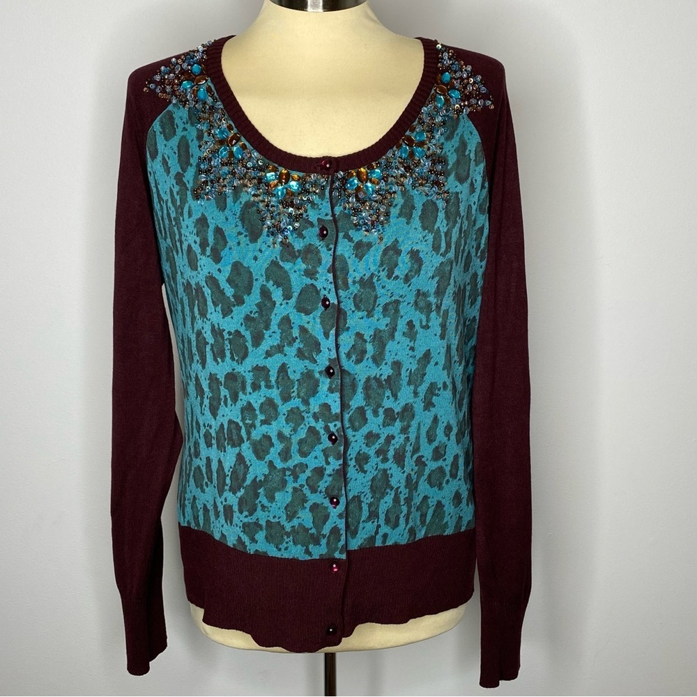 Michelle Nicole Burgundy and Teal Beaded Button Front Cardigan Sweater
